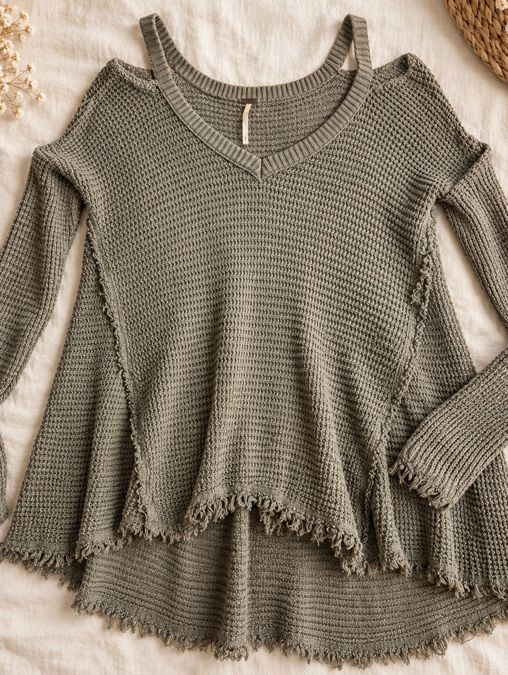 Free People “Moonshine” cold-shoulder waffle-knit sweater small